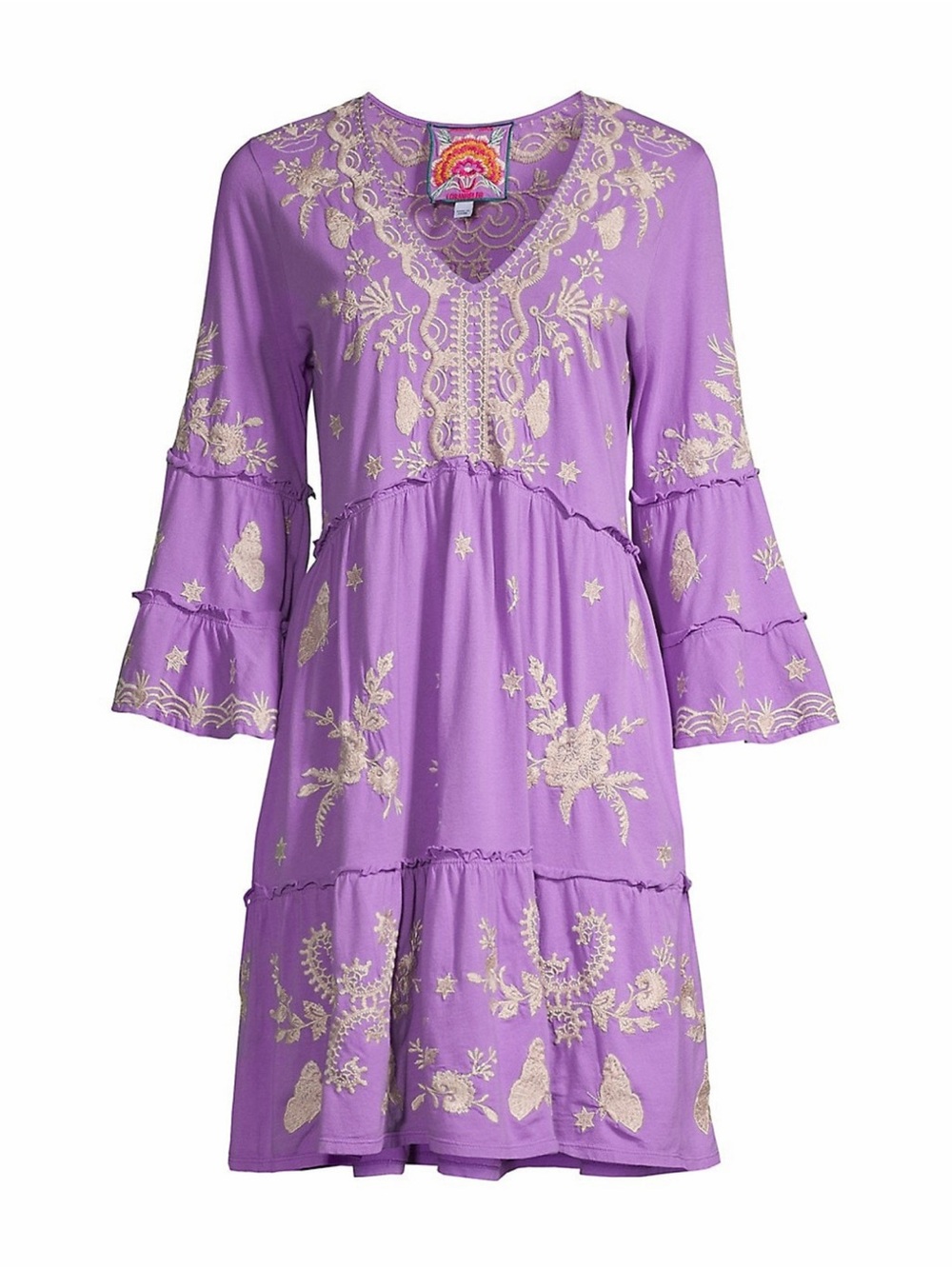 Johnny Was Purple Embroidered Floral Mini Dress with Bell Sleeves “Abbey”